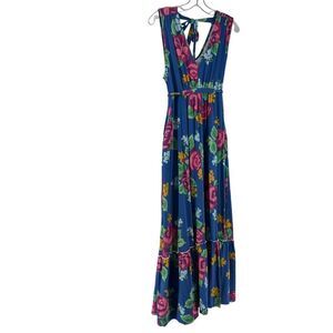Matilda Jane Maxi Dress Size M Blue Floral V Neck Ruffle Stretchy Jersey Knit